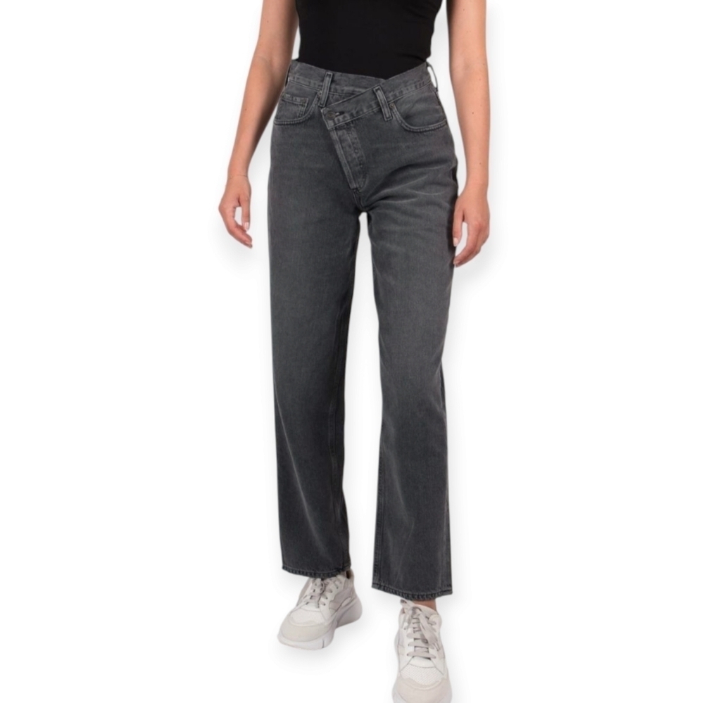 Agolde Criss Cross High Waist Loose Straight Jeans Synchronize Gray Black Sz 23